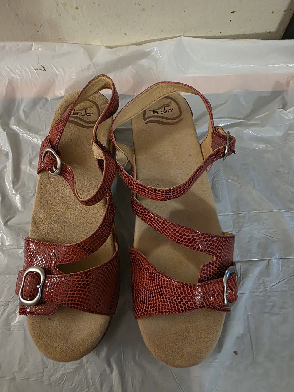 Dansko Leather Red Snake-Print Leather Strappy Sandals